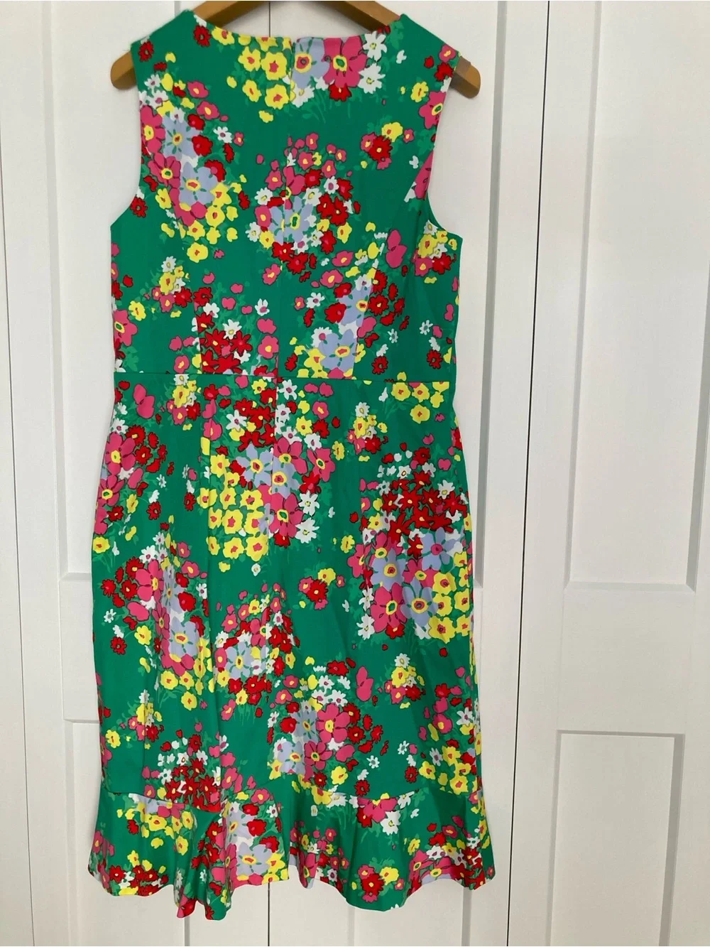 Talbots Green Floral Dress with Bright Multicolor Bloom Print and Ruffle Hem